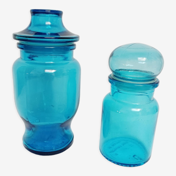 Set of 2 blue glass apothecary jars