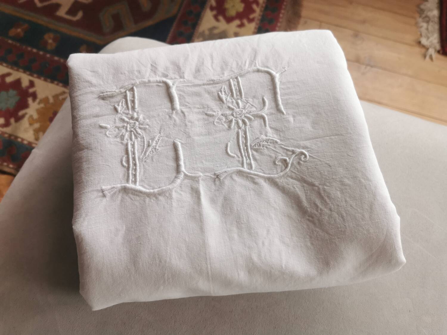 Old large linen sheet monogrammed CP