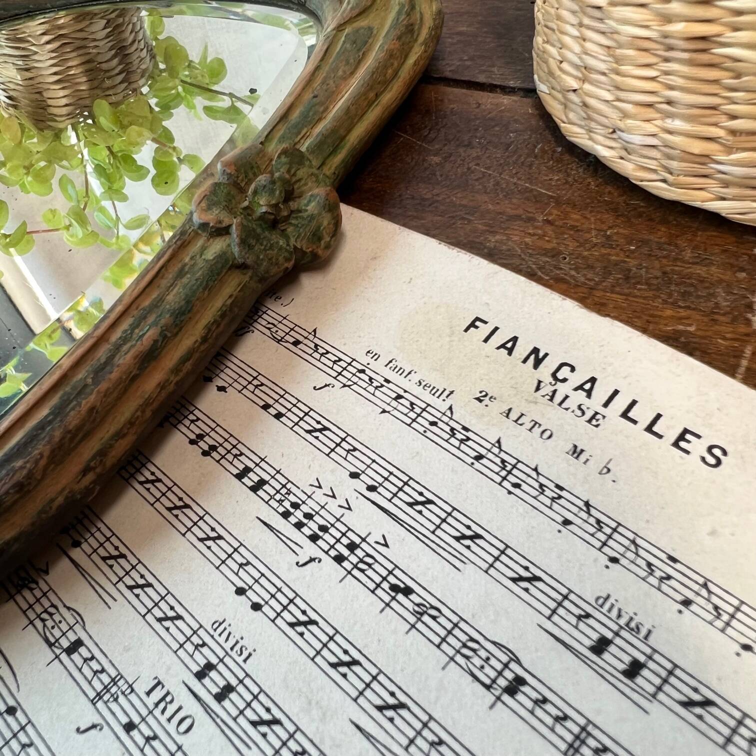Wooden “hand-held” mirror with MB initials