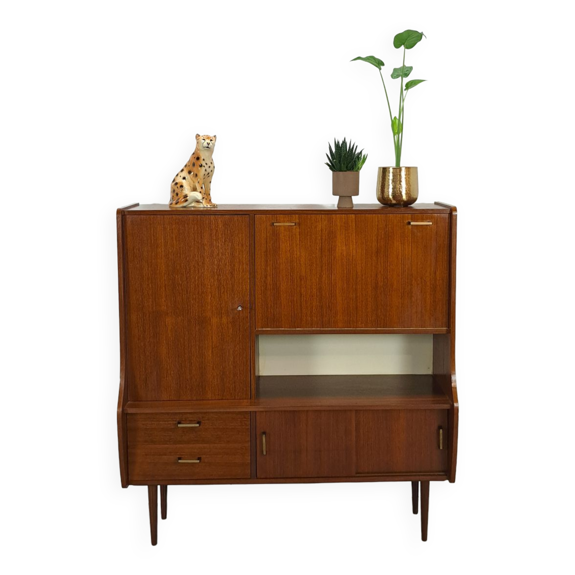 Teak veneer wall cabinet with flap, bar cabinet vintage