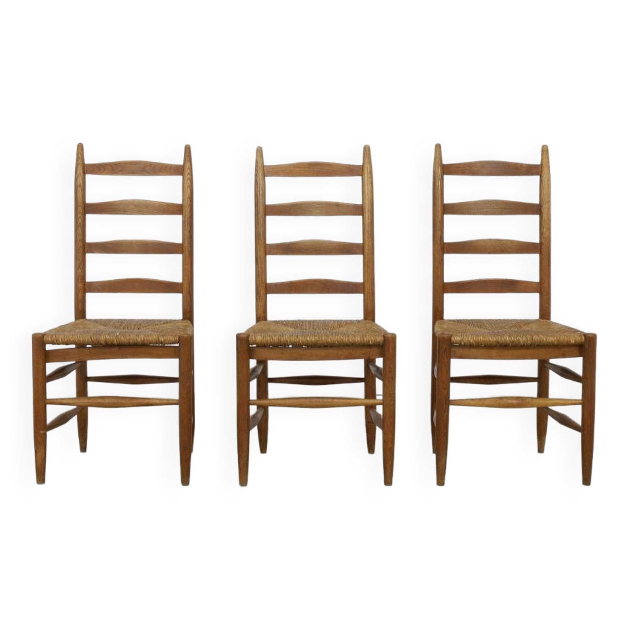 3x Ladder Chair in Oak & Rush, 1960s