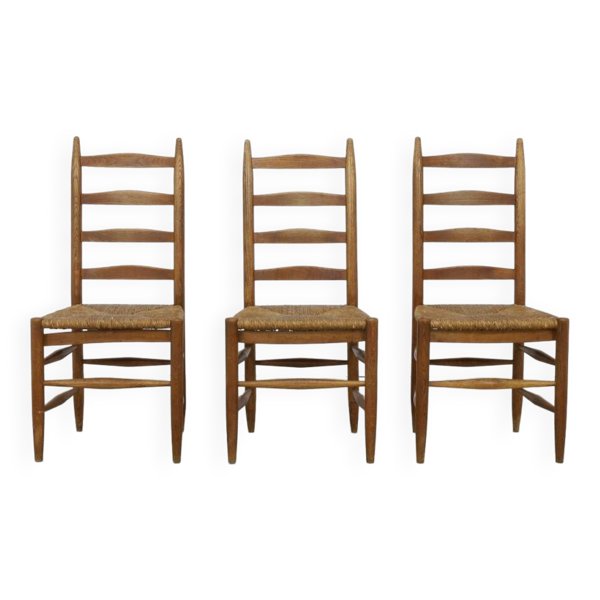 3x Chaises Échelle en Chêne et Rush, 1960s