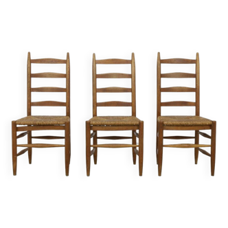 3x Ladder Chair in Oak & Rush, 1960s