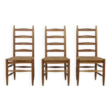 3x Ladder Chair in Oak & Rush, 1960s