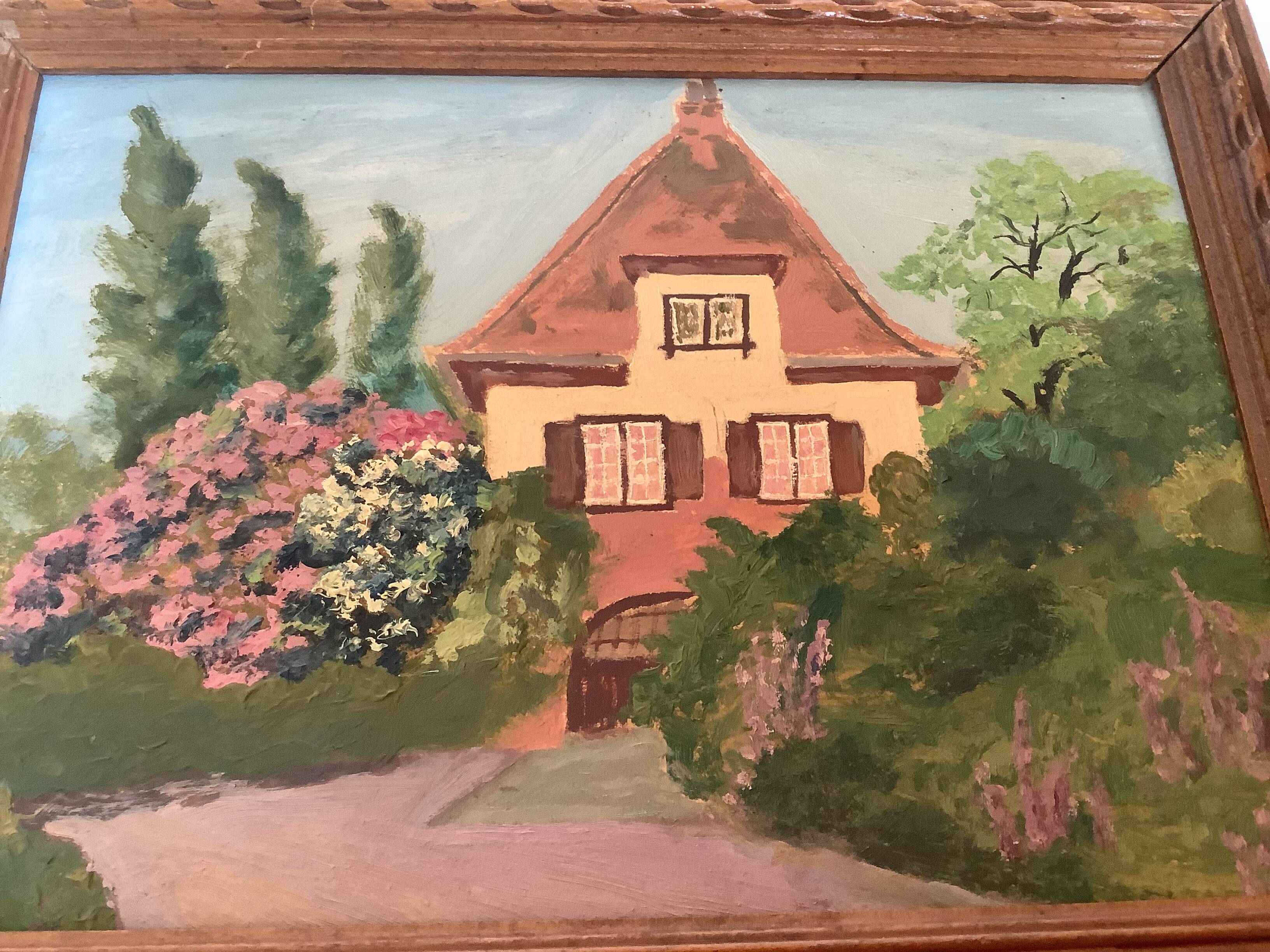 Small painting of a flowered house in oil on cardboard.