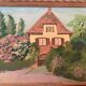 Small painting of a flowered house in oil on cardboard.
