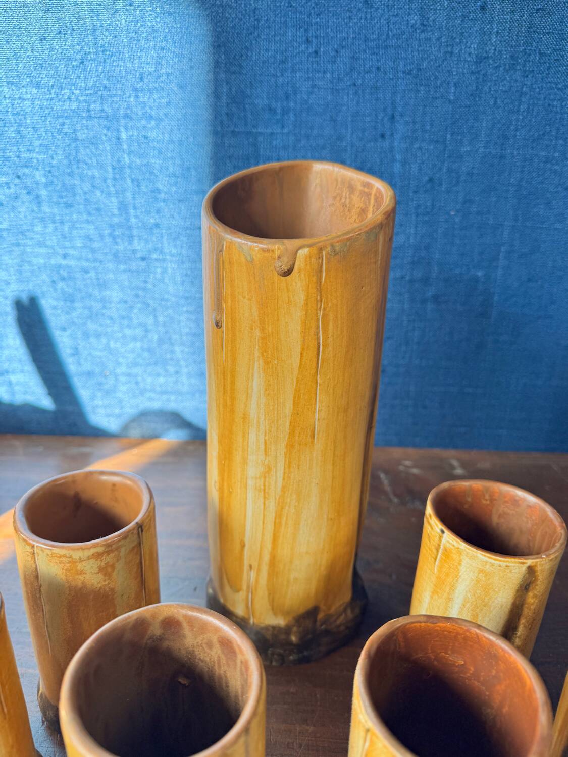 Vintage 1970s ceramic pitcher and glass set for orangeade, faux bamboo.