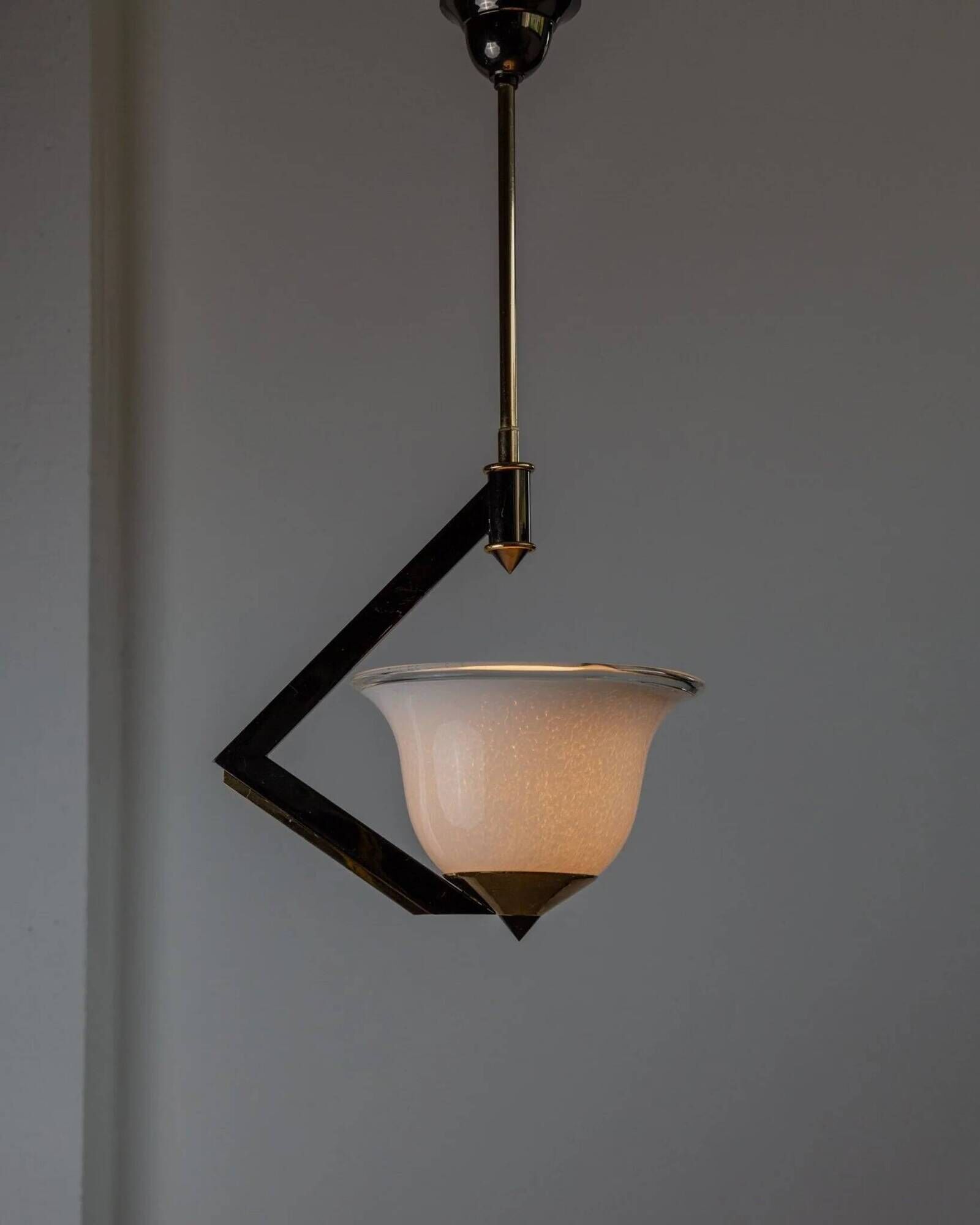 White Murano Glass Ceiling Lamp with Gold Metal Trim – 1980s Italian Vintage Triangular Chandelier