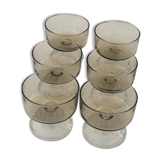 6 glasses of champagne two-tone brown and transparent vintage 1970