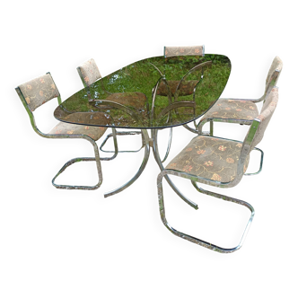 Table ovale Arabescato roche bobois + chaises, 1970