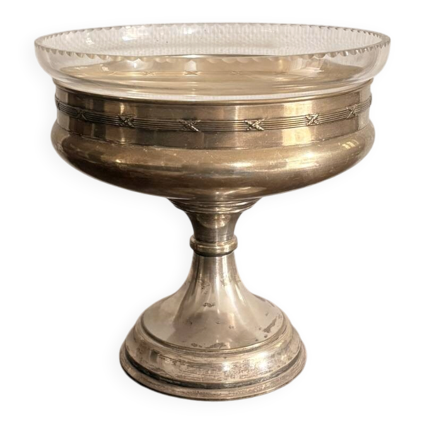 Coupe Corbeille Piédouche Drageoir Compotier Métal Argenté Verre Gravé Fin