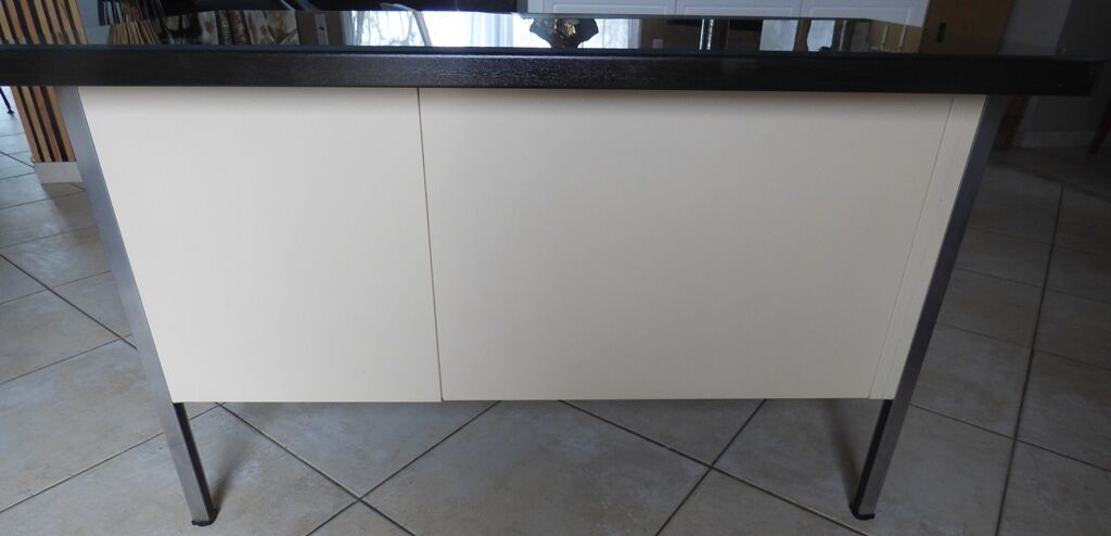 Industrial metal desk from the 70s with three drawers and glass top