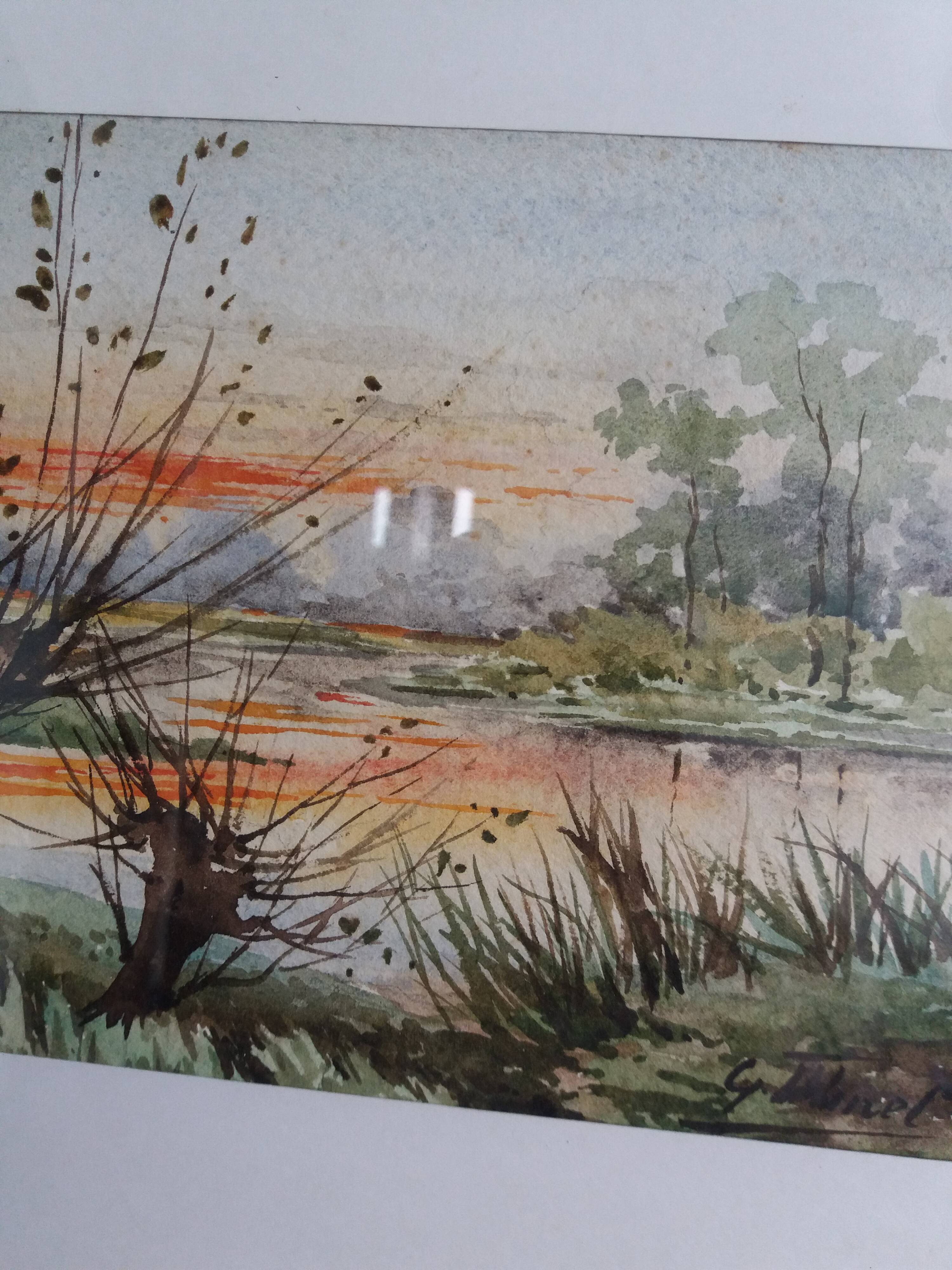 Watercolor signed Thinel, landscape, Marais Poitevin