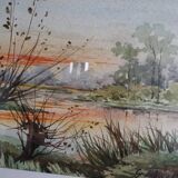 Watercolor signed Thinel, landscape, Marais Poitevin