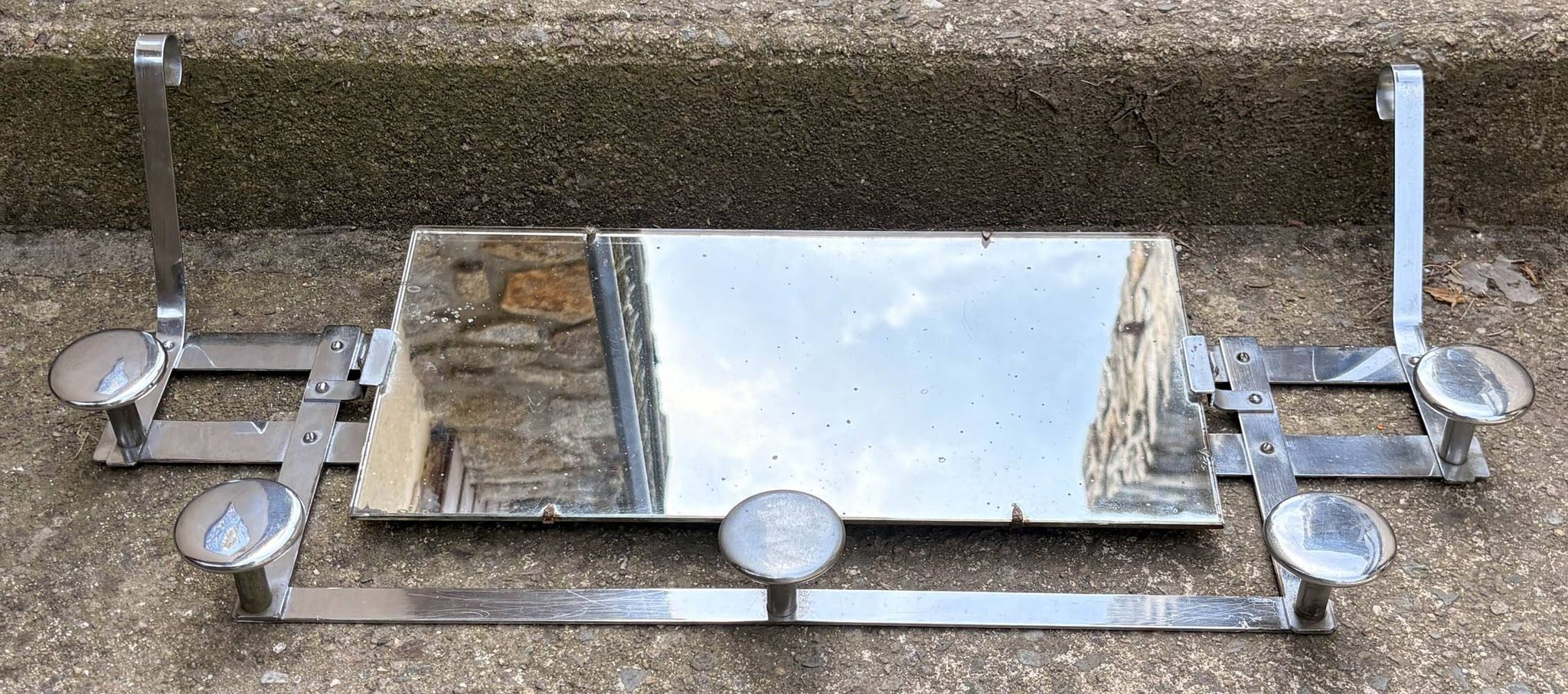 Vintage Wall Mirror with Hooks, Chrome & Mercury Glass, Space Age, 60s/70s