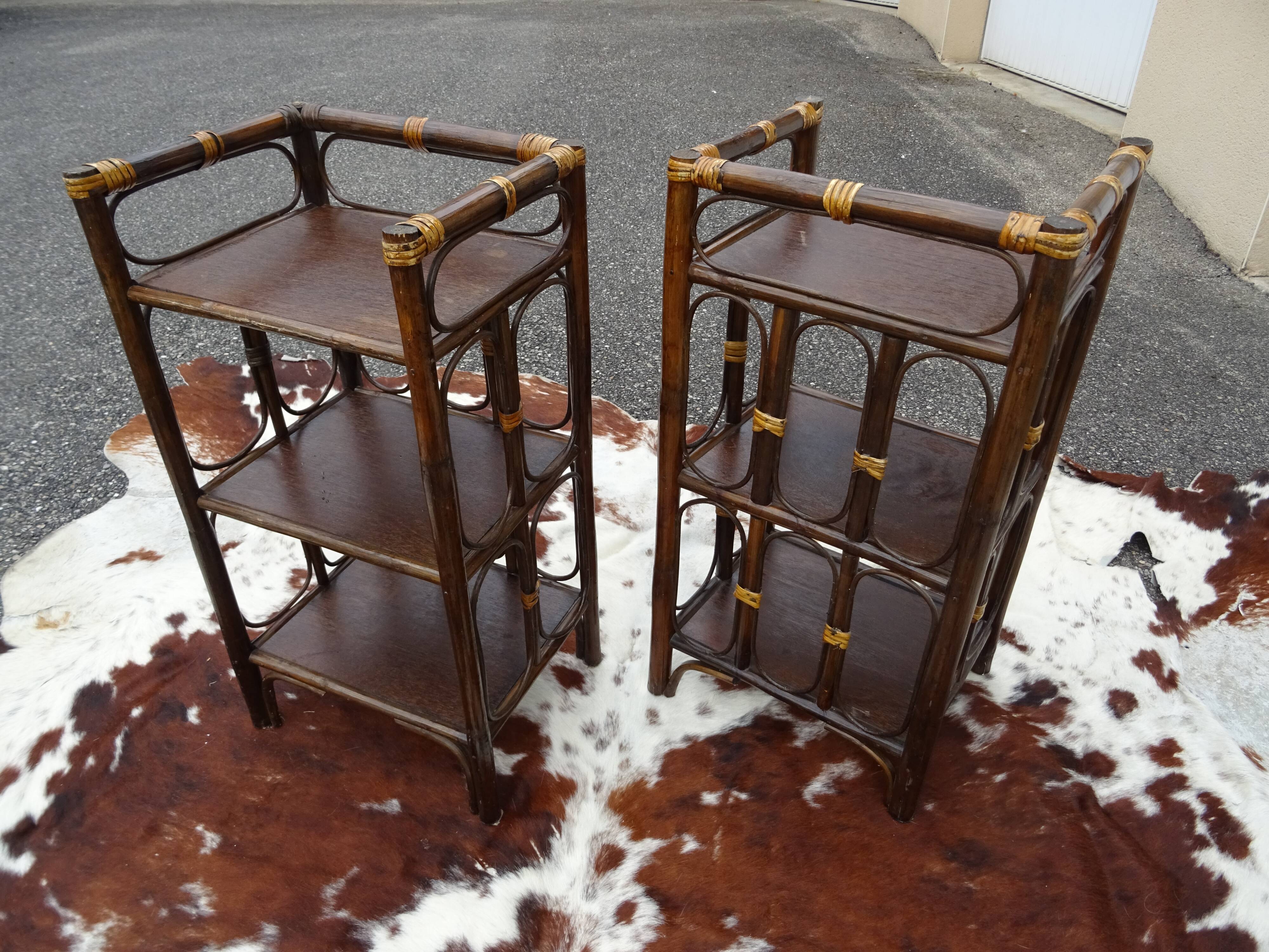 Pair of side tables bedside rattan and vintage bamboo
