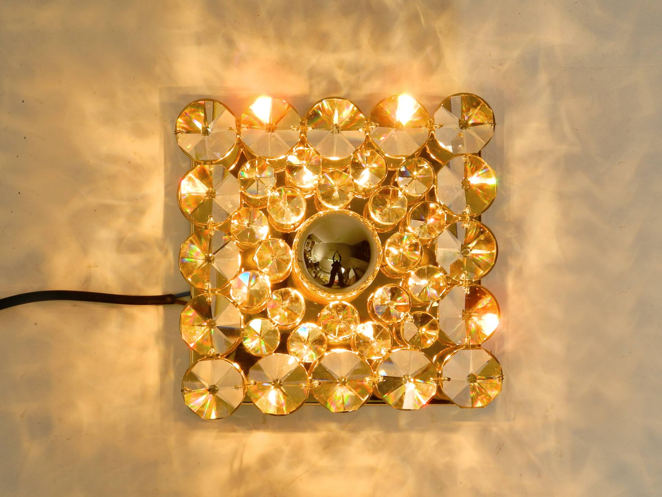 Small 70s Palwa brass ceiling or wall lamp with faceted crystal stones