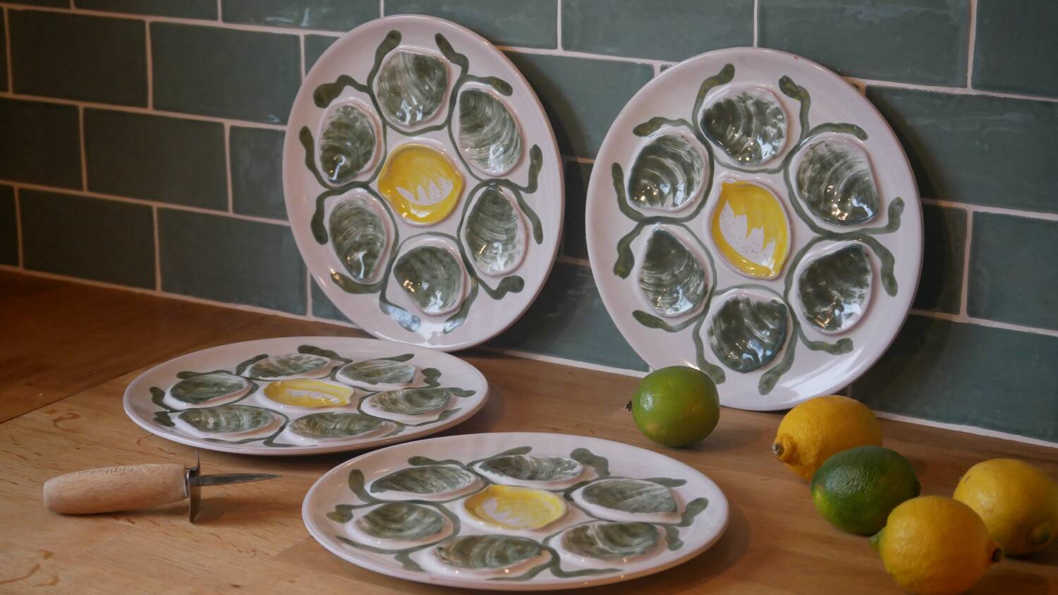 Set of 4 Belon earthenware oyster plates – 25 cm – yellow & green