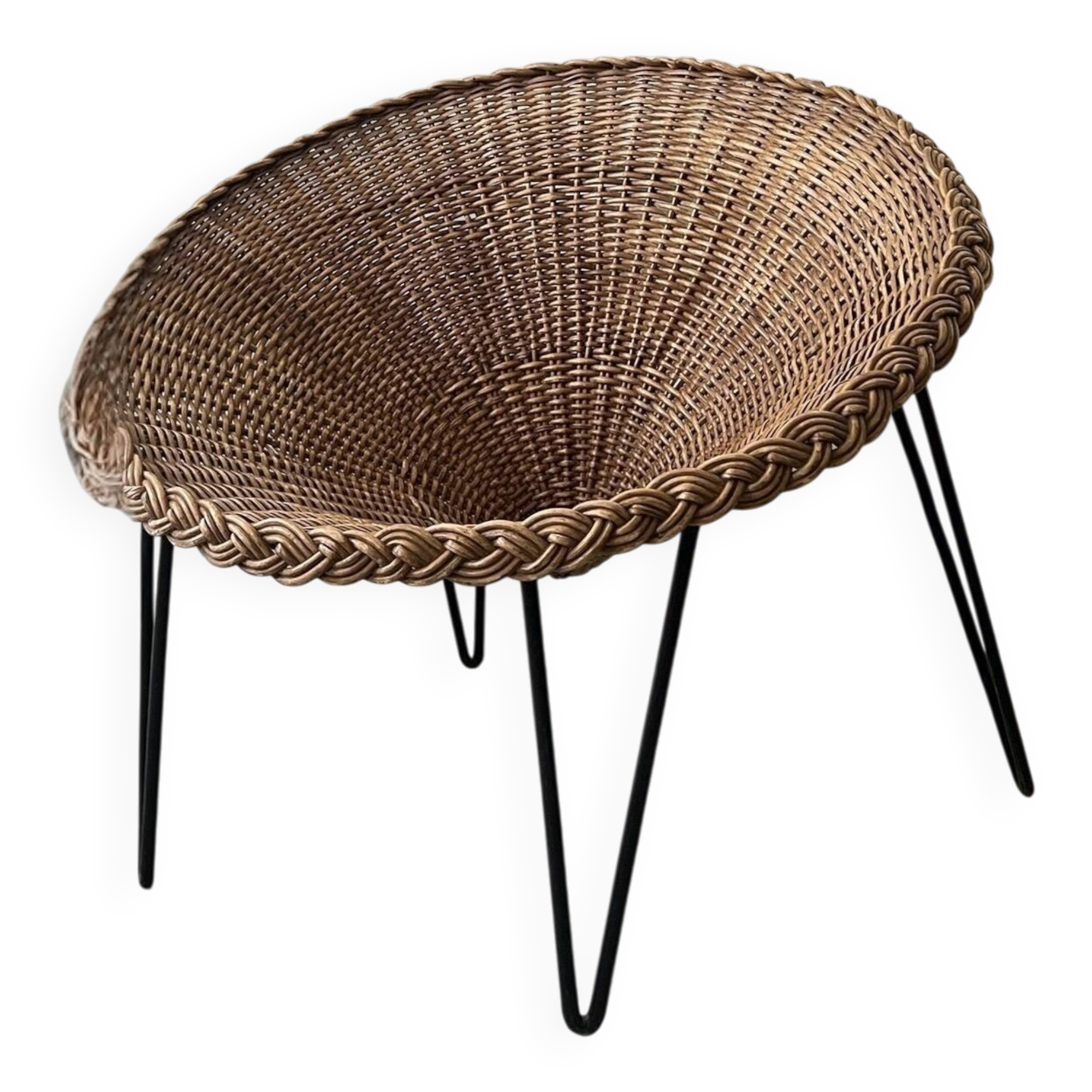 Italian sunflowers armchair in rattan and black metal, 1950s design.