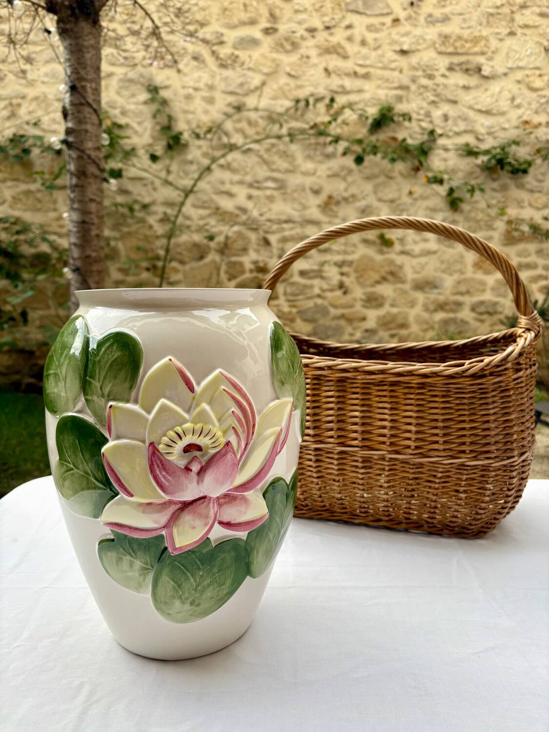 Large lotus or water lily barbotine vase