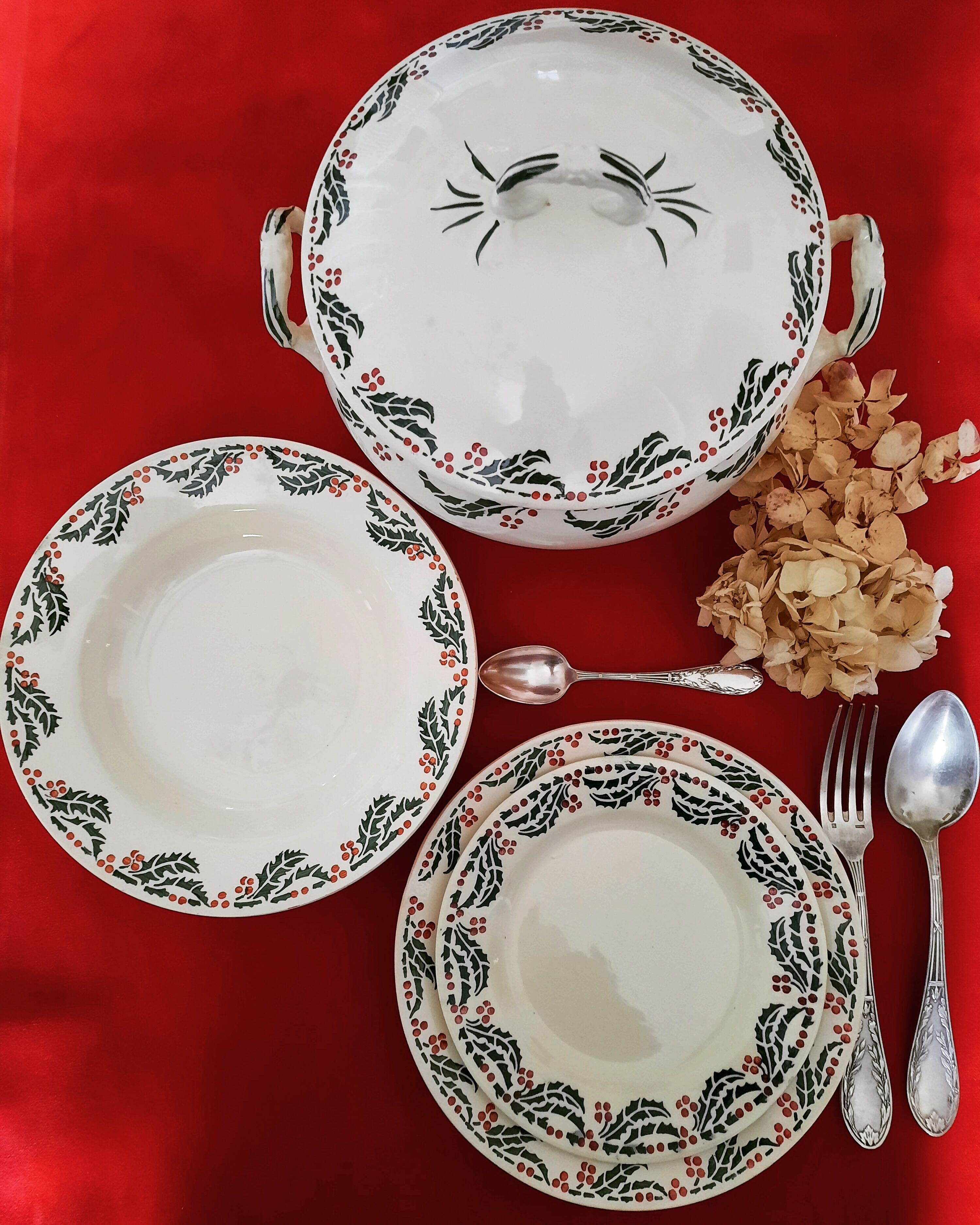 Flat, dessert, hollow plates and tureen in old earthenware