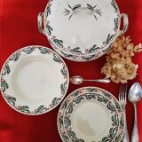 Flat, dessert, hollow plates and tureen in old earthenware