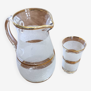 Carafe and 1 large glass, granite and frosted effect, white and gold, 50s-60s