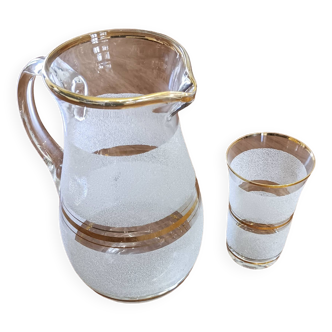 Carafe and 1 large glass, granite and frosted effect, white and gold, 50s-60s