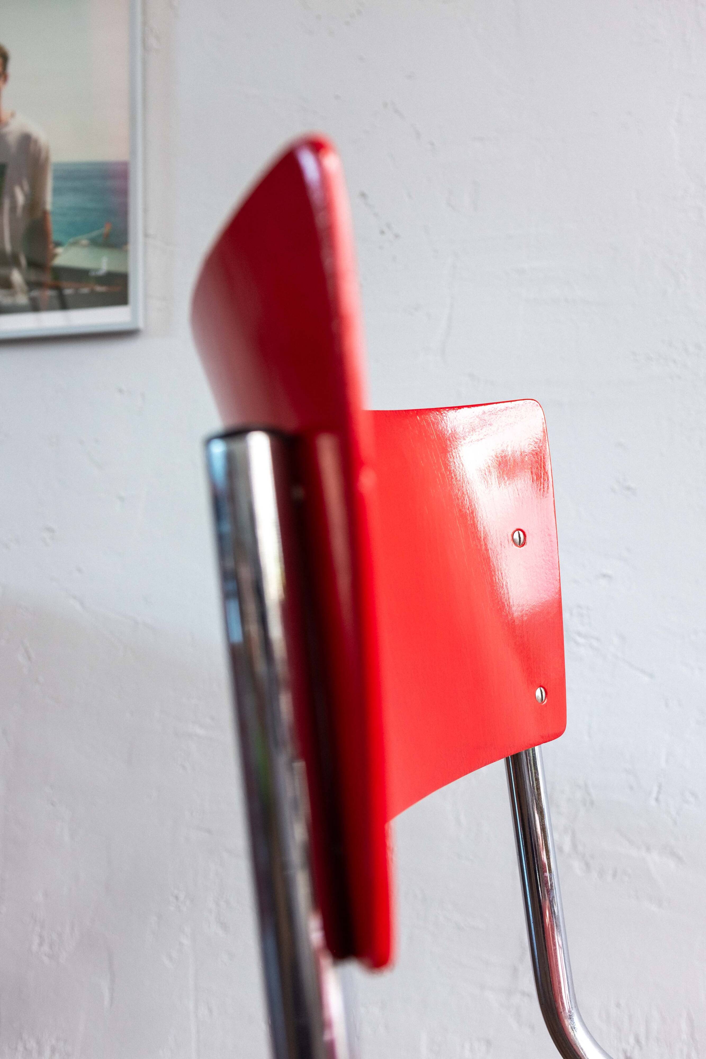Functionalist Bauhaus Style Red Dining Chairs By Kovona, 1940s
