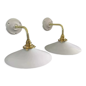 Set of two new electrified white opaline and ceramic wall lamps