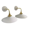 Set of two new electrified white opaline and ceramic wall lamps