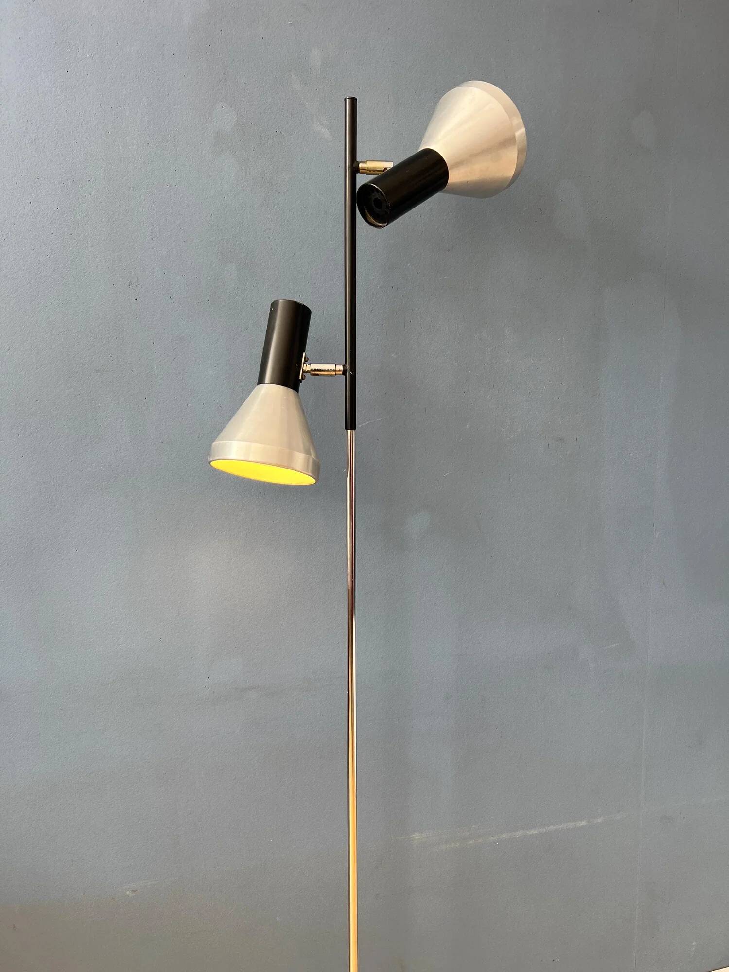 Vintage black mid-century floor lamp with two aluminum spots