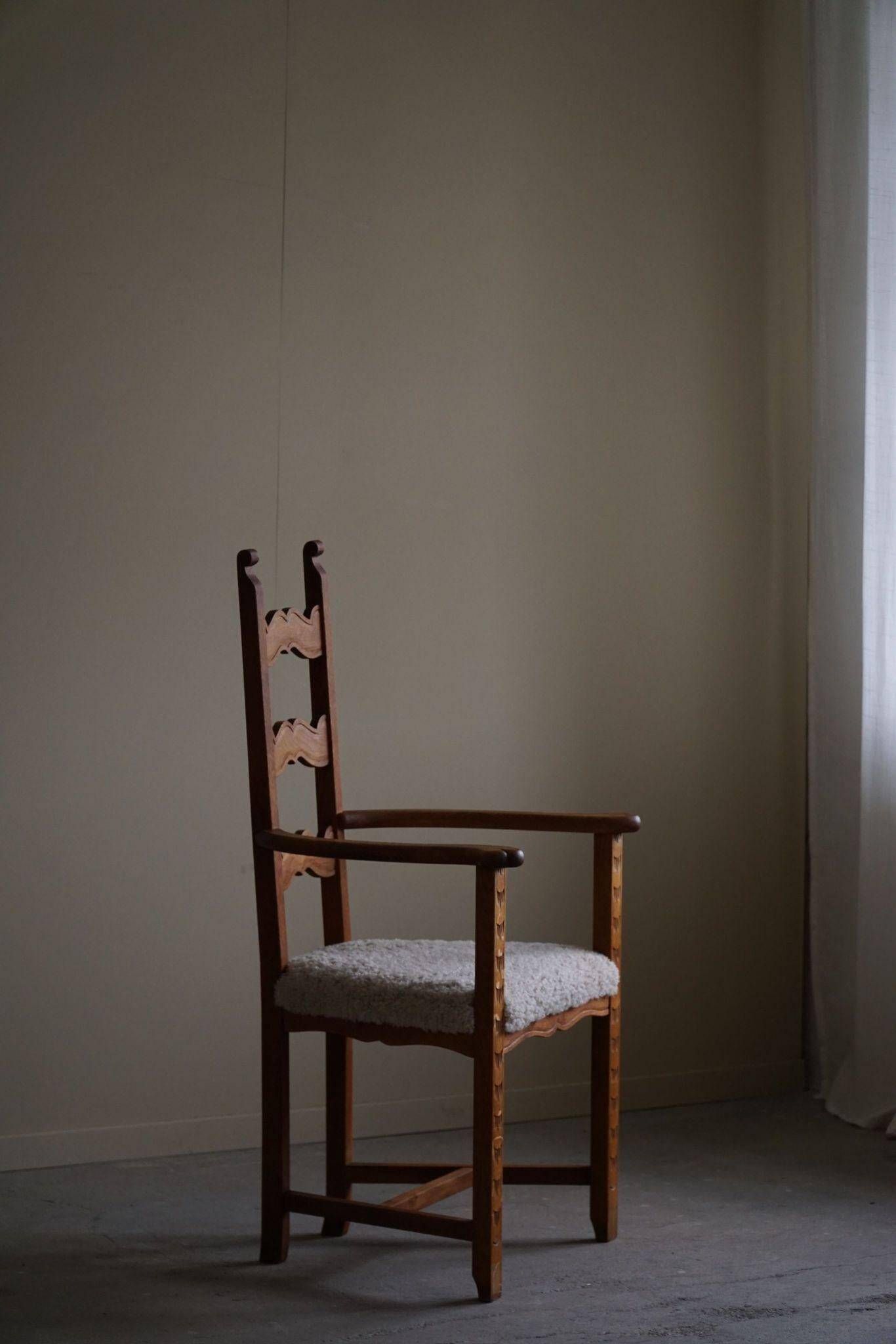 Classic Oak Armchair with Lambswool Upholstery, Mid-Century Danish, 1950s