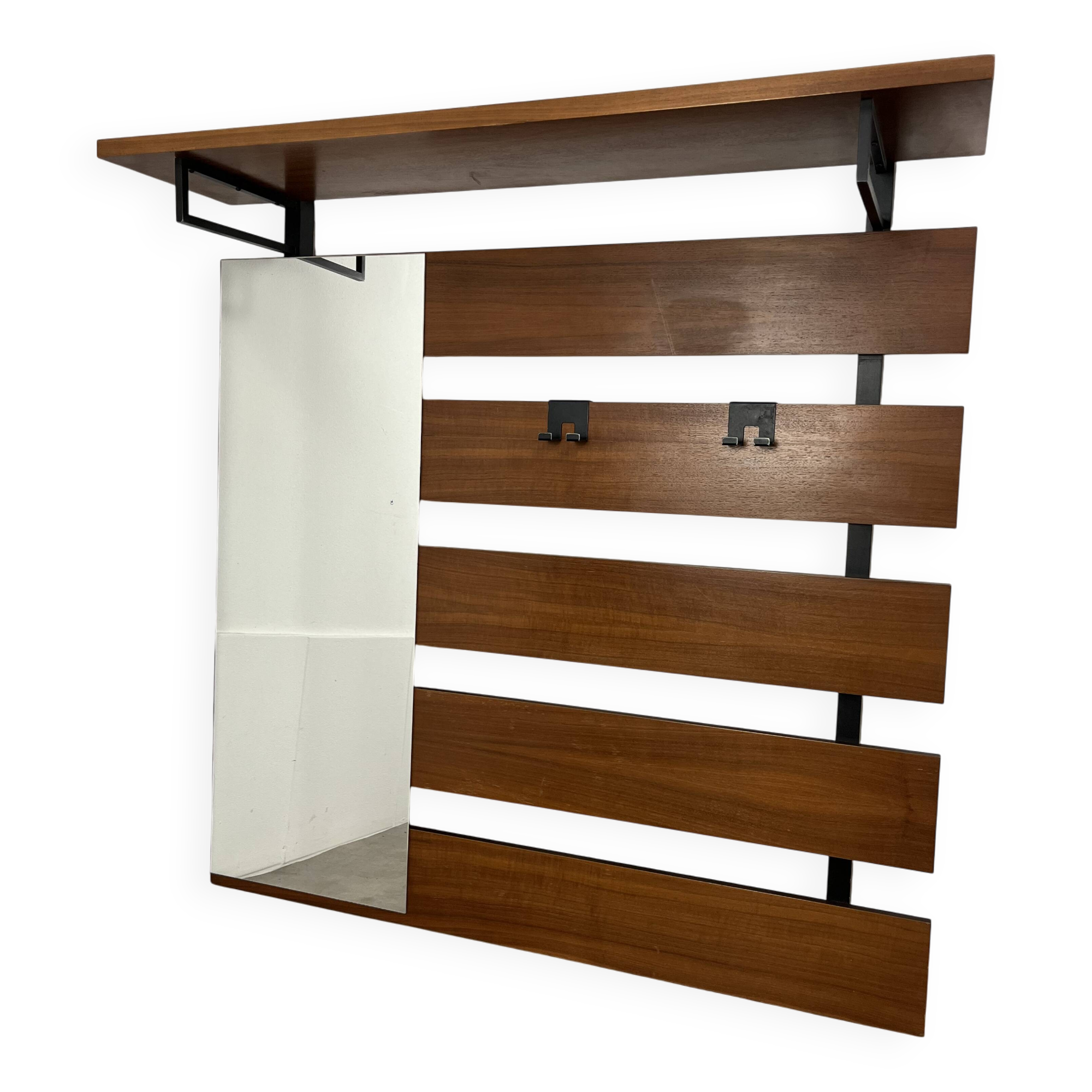Teak wall coat rack and mirror, 60s, cloakroom