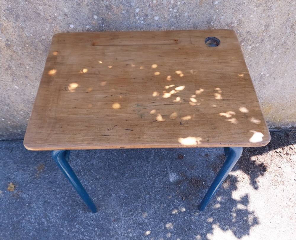 School table, wooden desk, metal, vintage, industrial style, 50s