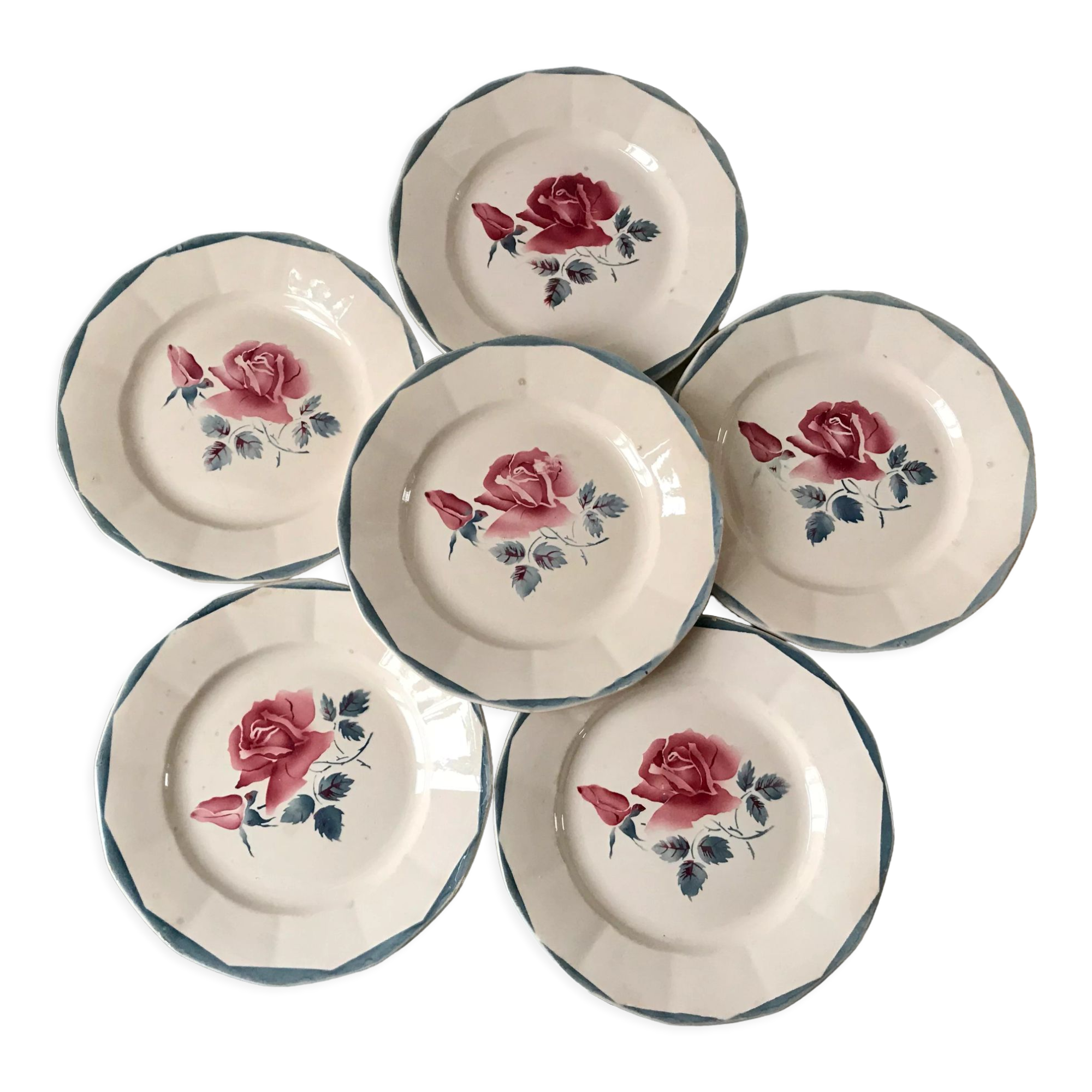 Set of 6 flat plates digoin sarreguemines pink and blue flowers 40s