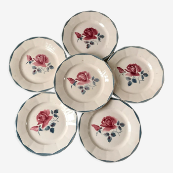 Lot de 6 assiettes plates digoin sarreguemines fleurs roses et bleues années 40