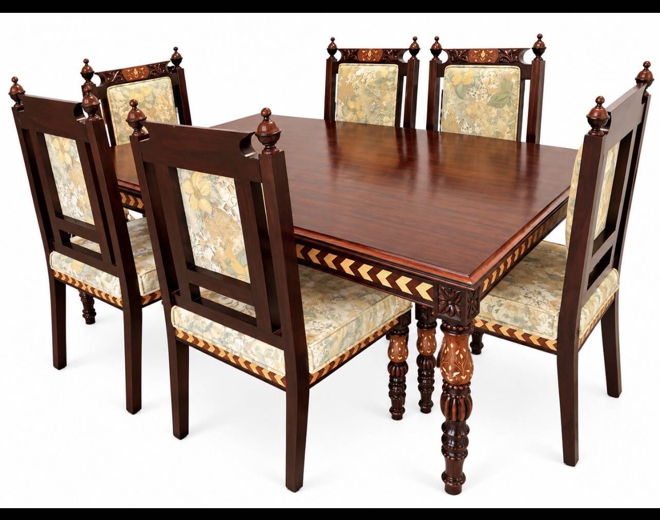 Dining table and 6 carved wooden chairs - Classic style - Chiniot, Pa