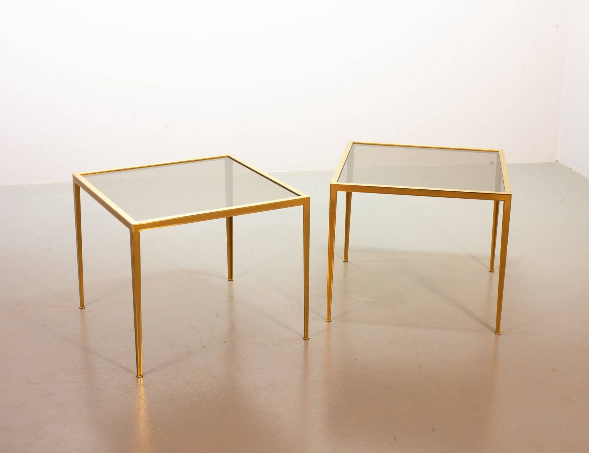 Solid Brass Side Tables with Smokey Glass Top by Vereinigte Werkstatten 70s
