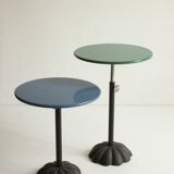 Postmodern cast iron flower base adjustable round side tables, blue and green, 1980s.