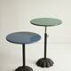 Postmodern cast iron flower base adjustable round side tables, blue and green, 1980s.