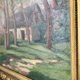 Old oil on canvas, wooded landscape with house, gilded frame.