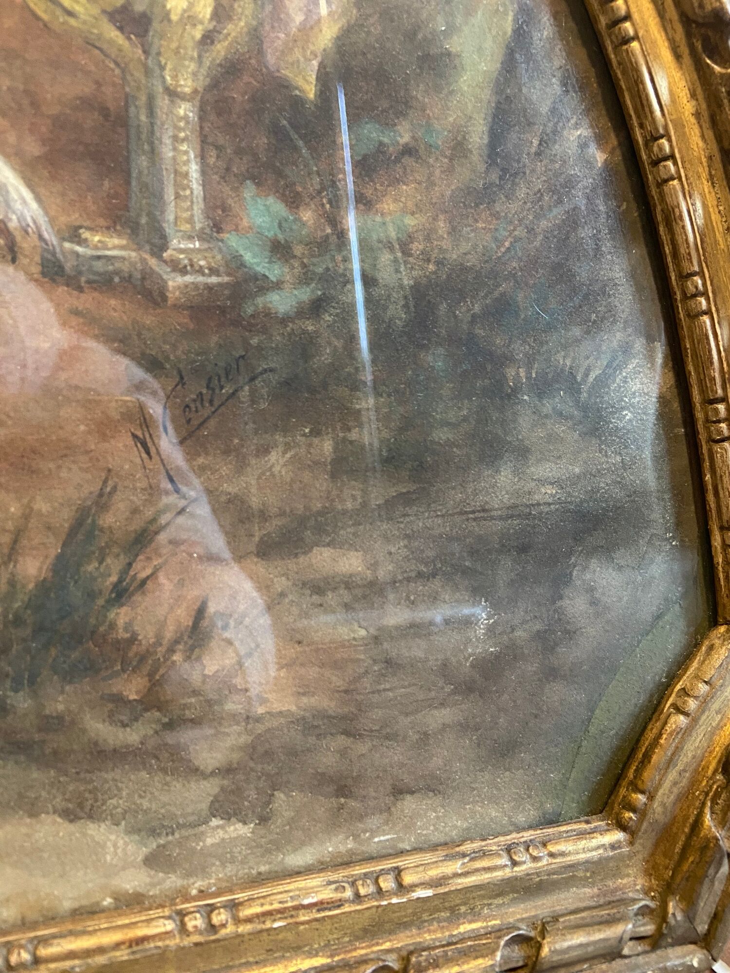 Watercolor painting XIXth Century antique decoration signed M.Censier