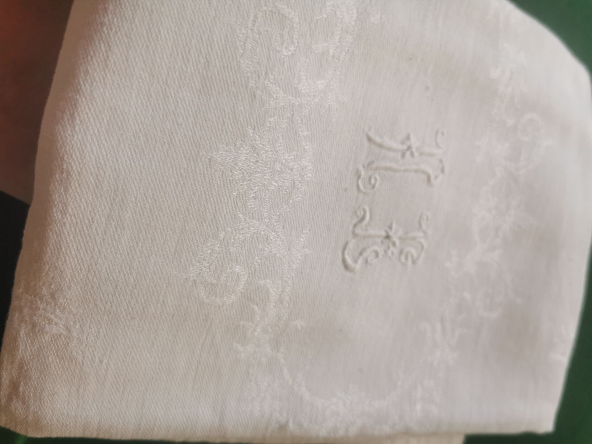 12 old damask linen napkins with monogram, 60x74 cm