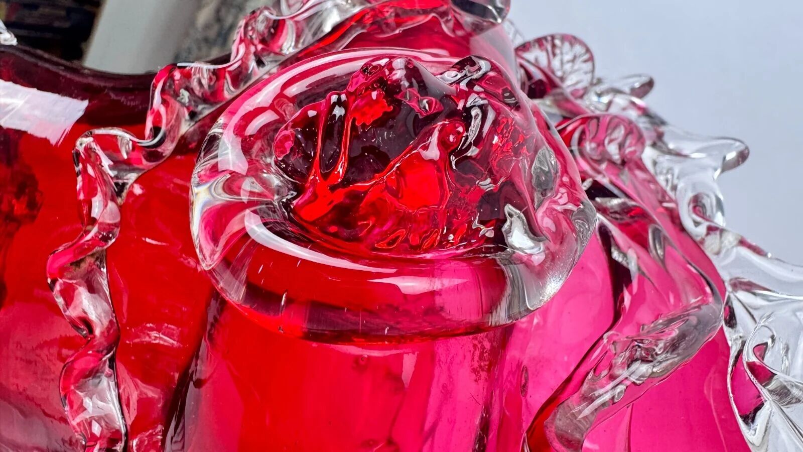 Raspberry red glass jardinière, taste of Auguste Jean or Legras.