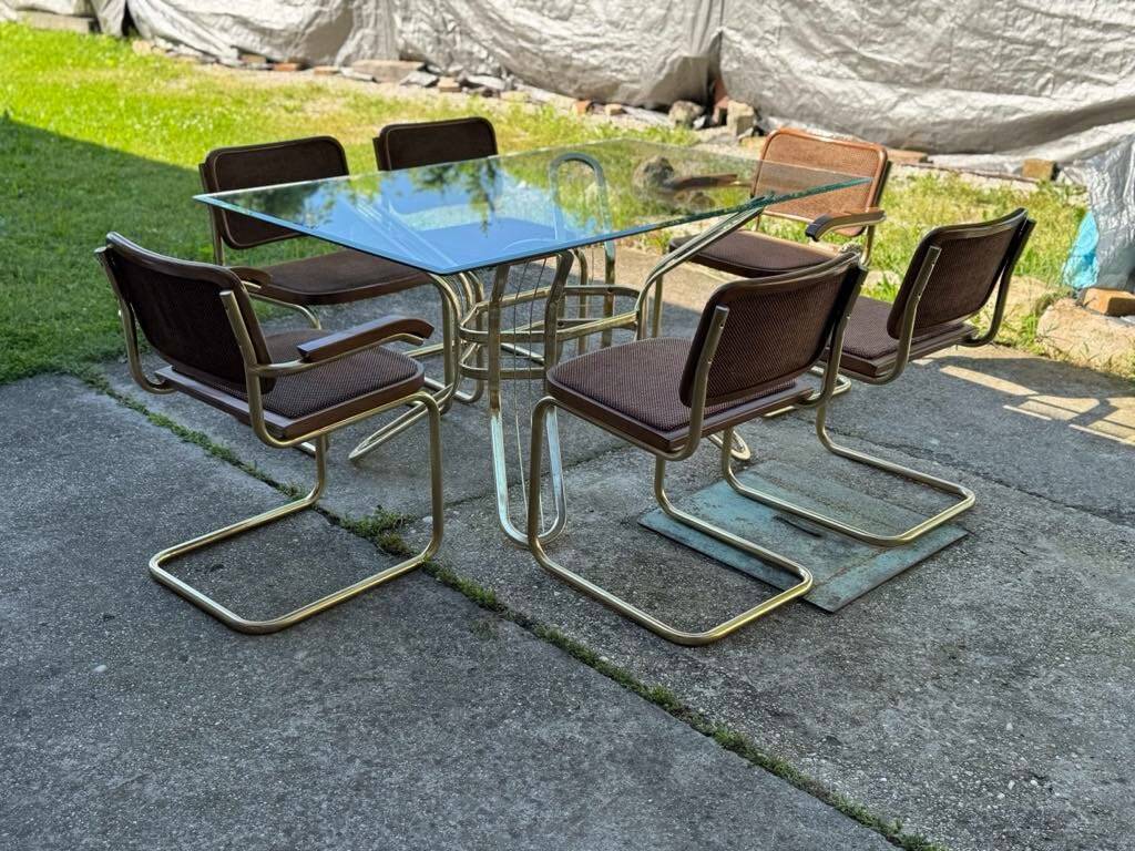 Italian brass dining set with table and chairs, 1970s, set of 7