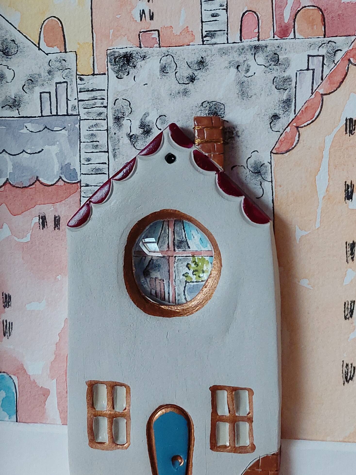 Relief composition of a city landscape inspired by old Lyon