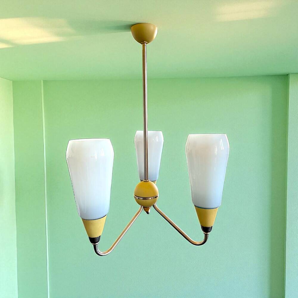 Mid Century Modern opaline glass 3-light chandelier