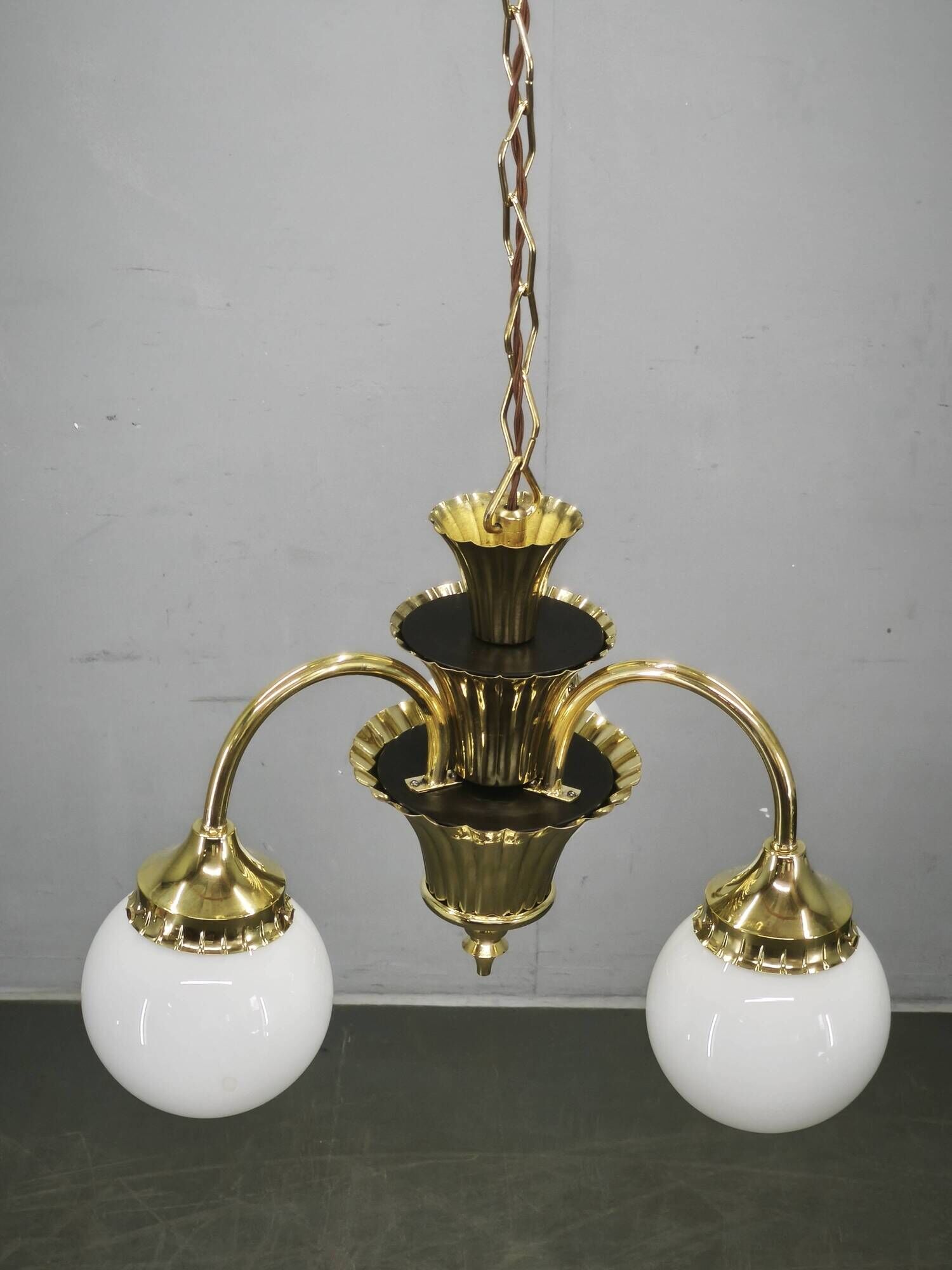 1930s Czechoslovak Art Deco Brass and Opaline Glass Chandelier