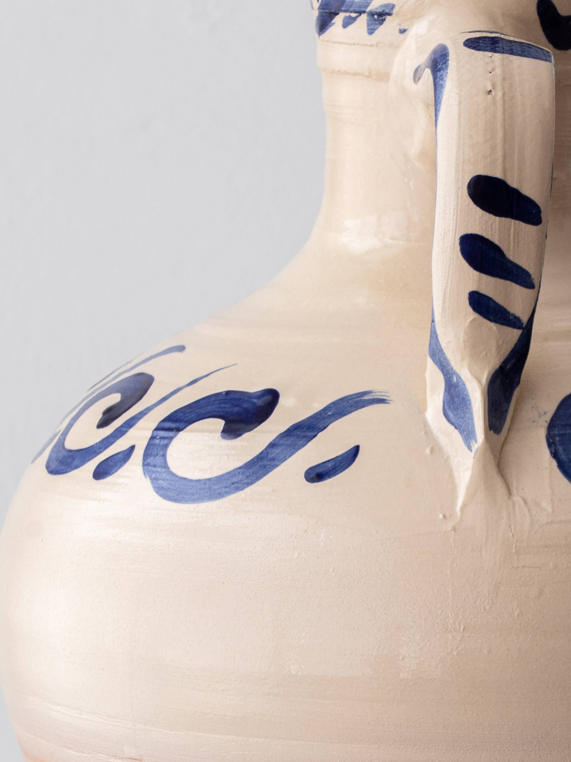 Spanish Revival Terracotta Table Lamp, Cream and Cobalt, New Linen Shade